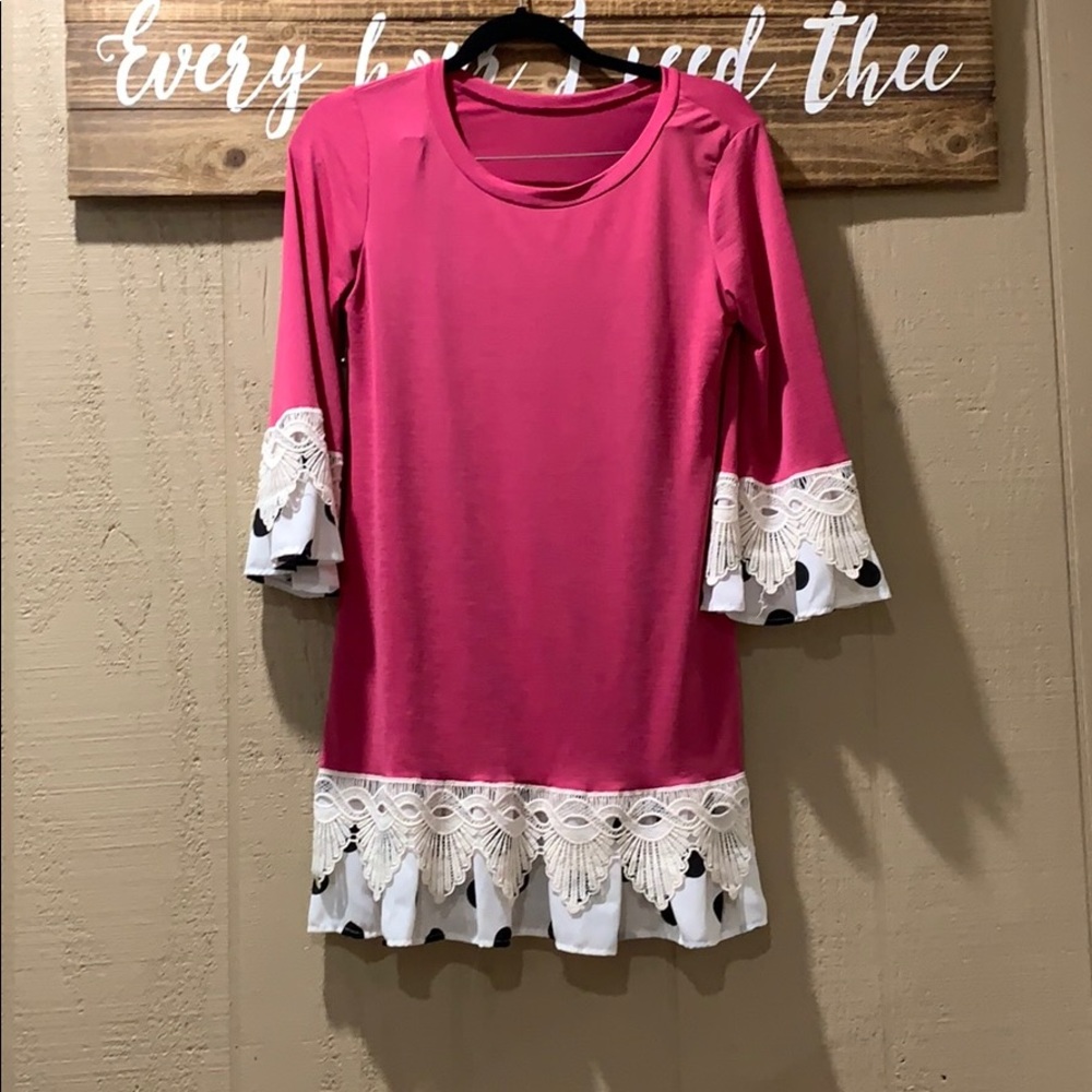 Pink and black and white polka dot shirt